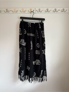 Raviya Black Maxi Skirt with White Fish Print and Fringe